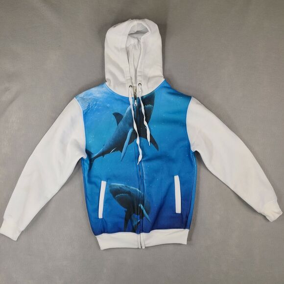 Exist Great White Shark Hoodie Sweatshirt Adult Size‎ Small White Blue - Picture 1 of 12